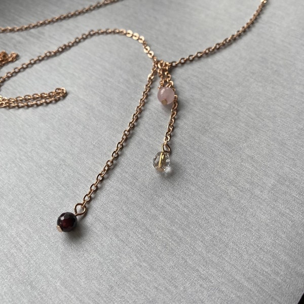 Garnet and Smoky rose quartz necklace, long drop rose gold necklace with pink quartz and garnet pendants, minimalist bolo style necklace.