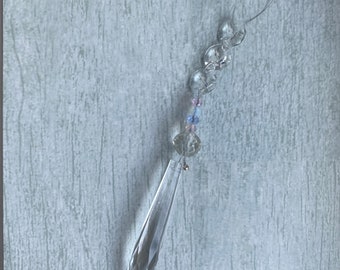 Housewarming gift idea for friends, vintage chandelier glass suncatcher, upcycled home decor, rainbow dagger drop crystal with pink beads.