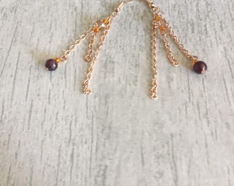 Burnt orange and rose gold semi precious garnet earrings, delicate rose gold long chain drop earrings, christmas or birthday gift earrings.