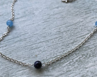 Simple silver necklace, with semi-precious blue chalcedony stones, sandstone beads and glass pearls, asymmetrical classic gift for mum.