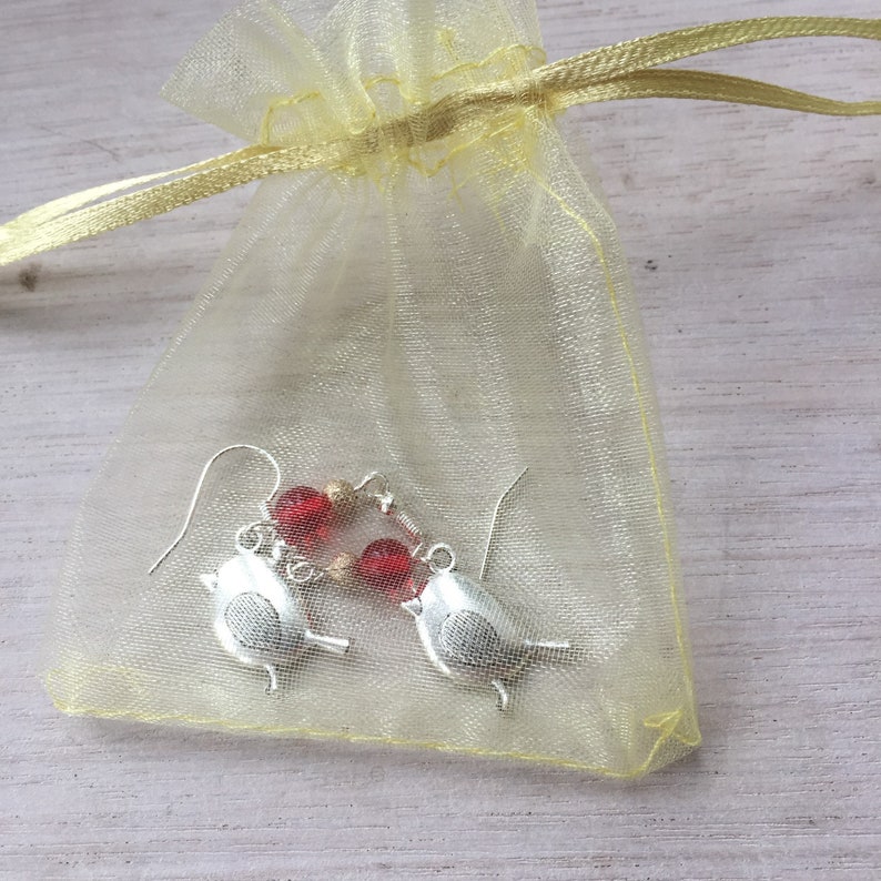 Christmas Robin Earrings, stocking filler gifts, winter style earrings, red and gold bead earrings, pierced earrings, dangle drop earrings image 8