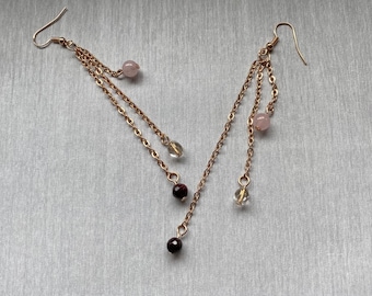 Rose quartz and garnet long drop waterfall style earrings, rose gold long chain earrings, semi precious stone dangle earrings.