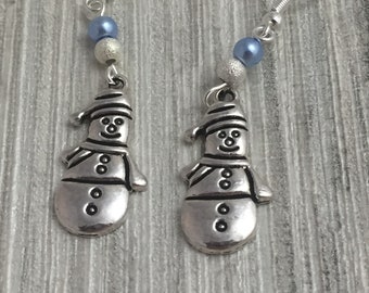Snowman Winter Earrings, Winter Costume Earrings, Novelty Earrings, Blue and white silver earrings, Pierced earrings