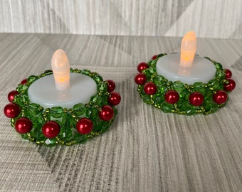 Green and red Christmas tealight candle holder, Christmas table decoration, festive Christmas home decor,  beaded Christmas decoration