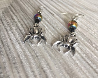 Creepy cute silver spider charm earrings, cute dangling spider halloween costume, low key halloween costume gift jewelry.