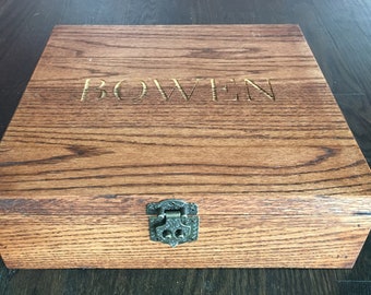 Custom made solid oak memory keepsake box with personalized engraving and latch. Contact me for custom engravings, sizes, stains.