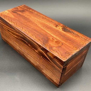 Made to order handmade solid pine box with engraved border. Jewelry box, keepsake box. Contact me for custom engravings, sizes, stains.