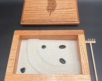 Made to Order Desktop Zen Sand Garden Kit with Decorative Leaf Engraving. Includes Everything Shown: Box, Rocks, Sand, Rake.