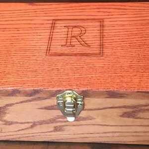 Custom made solid oak box with personalized engraving and latch. Contact me for custom engravings, stains, sizes. Keepsakes or memories.