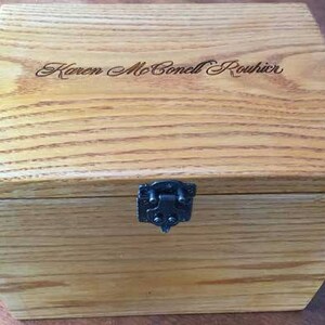 Custom made solid oak box with personalized engraving and decorative latch. Contact me for custom sizes, engraving requests, stain colors.