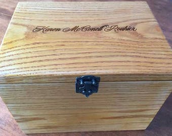 Custom made solid oak box with personalized engraving and decorative latch. Contact me for custom sizes, engraving requests, stain colors.