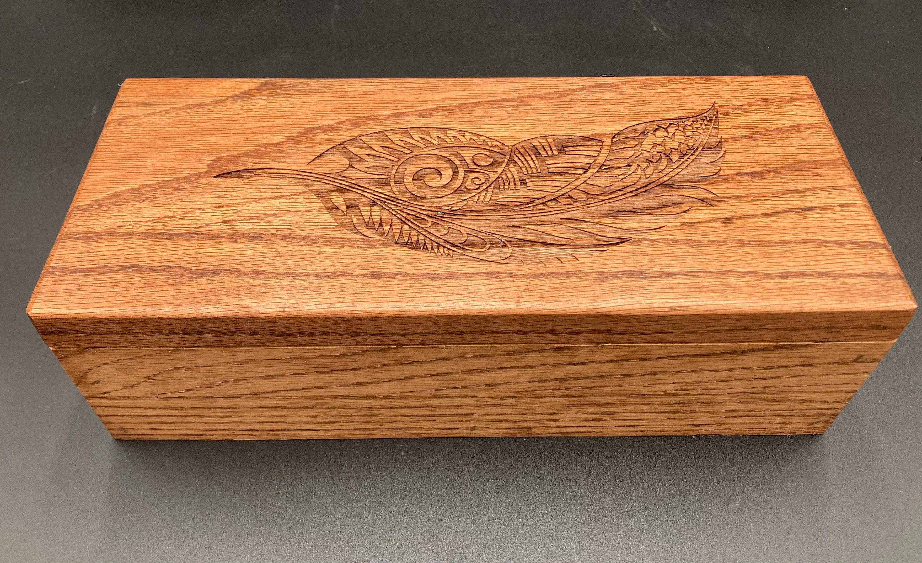Custom made solid oak box with feather engraving. Perfect for jewelry, keepsakes, more. Contact me for custom sizes, engravings, colors.