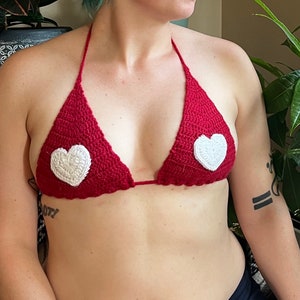 Handmade Crochet Red Triangle Bikini Top with White Heart Decals