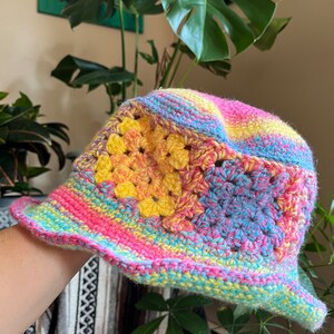 Pastel Rainbow Crochet Striped Bucket Hat - Pink main image 1