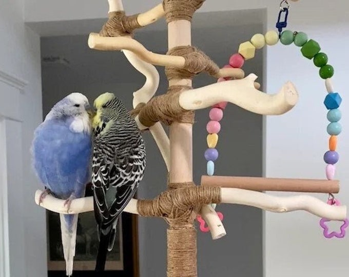 All-natural Wood Play stand, 1.5 ft. with Deep Base, Portable & Convenient Bird Stand, Conure, Cockatiel, Budgie, Lovebirds
