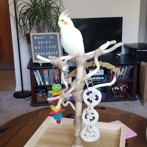 All-natural WOOD PLAY-STAND, One ft. Portable, Convenient Parrot Stand, Parakeets, Lovebirds, Conure