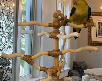 Two-foot Parrot Stand, EXTRA LARGE BASE, Wood Play-stand, All-natural Wood! Budgie, Conure, Cockatiel