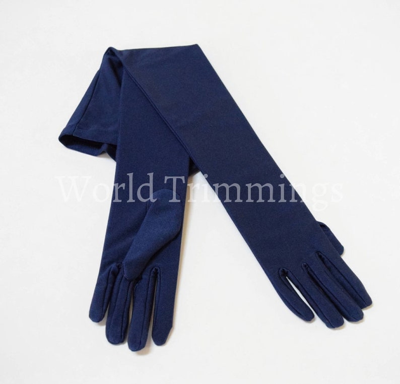 22 Classic Adult Size Opera Length Stretch Satin Gloves 16BL Navy Blue