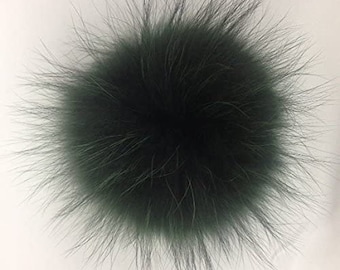 Extra Large 5”-6'' + Real Fox Fur Pom Pom Dark Green