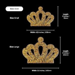 May include: Two gold crown-shaped iron-on patches, one small and one large. The small crown is 7.6 cm long and 10.8 cm wide. The large crown is 10.1 cm long and 14 cm wide.