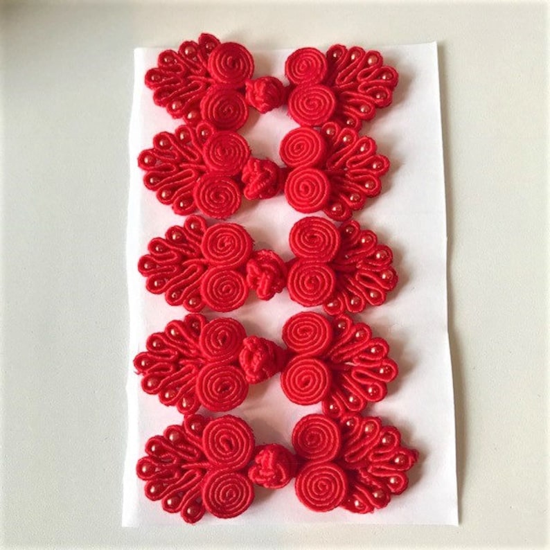 Available in 12 Colors. Five Pairs of Bead Chinese Frogs fasteners closure buttons in Red
