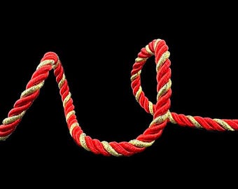 Red & Metallic Gold Satin Twist Cord: 8mm Braided Trim, 5 Yards