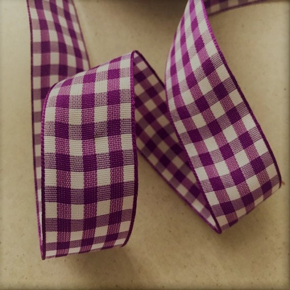 1'' Wide Purple and White Checkered Ribbon, Cotton Selling Per
