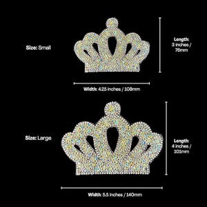 May include: Two sizes of rhinestone crown iron-on patches. The smaller crown is 3 inches long and 4.25 inches wide. The larger crown is 4 inches long and 5.5 inches wide.