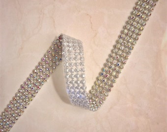 Crystal AB Rhinestone Ribbon, Silver Mesh Iron-On Trim