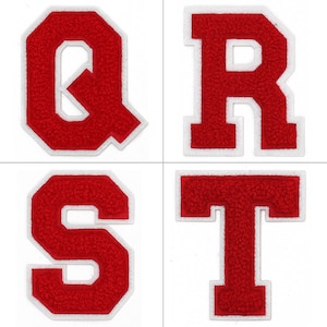 May include: Four varsity-style letter patches: Q, R, S, and T. Each letter is red with a textured appearance and a white border. The letters are displayed against a white background, suitable for personalization on apparel.