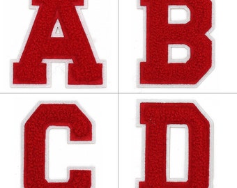 26 Letters Iron On Letters - Varsity Chenille A-Z Patches - Iron Adhesive or Sew On Appliques - Decorative 5" Red Letters with White Border