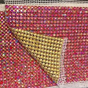 Light Siam AB Crystal Rhinestone Mesh With Gold metal Setting Sewing Trim Wedding Cake Banding 1 Yard 24 Rows