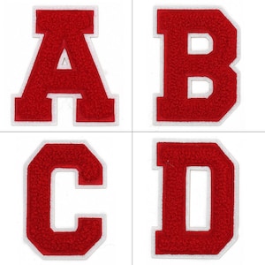 Red on White - 4 1/2 Inch Heat Seal/Sew On Chenille Varsity Letter
