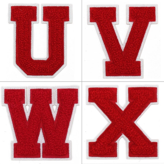 Letters Iron On Letters - Varsity Chenille U-V-W-X Patches - Iron Adhesive  or Sew On Appliques - Decorative 5 Red Letters with White Border