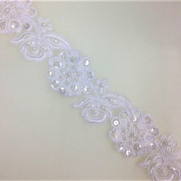 White color Beaded and sequined lace trim, beading cord lace trim, bridal lace trim selling per yard