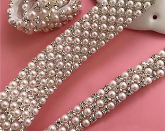 RhinestonGood e and Pearl Trim, Wedding Dress Strap, Beaded Bridal Trim for Sashes, Belts, Headbands