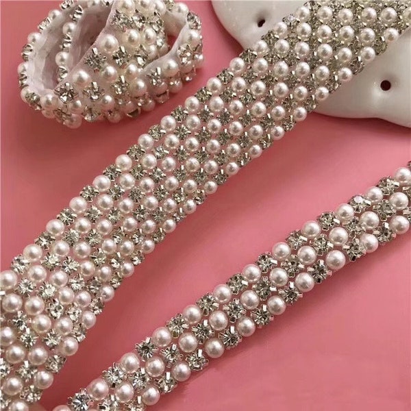 RhinestonGood e and Pearl Trim, Wedding Dress Strap, Beaded Bridal Trim for Sashes, Belts, Headbands