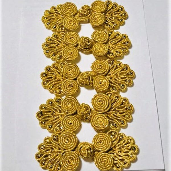 Five Pairs of Bead Chinese Frogs fasteners closure buttons in Metallic Gold, Available in 15 Colors.