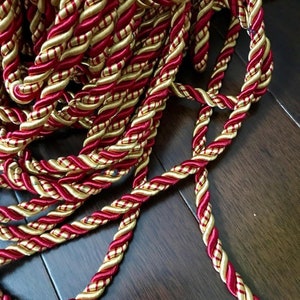 8mm Twisted Satin cord two tone Satin Burgundy/Gold rope decoration trim braided Shiny Cord Choker Thread Twine String/Price per 5 yards