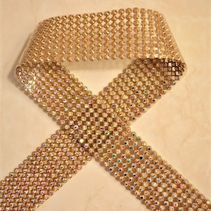 Silver Crystal AB Mesh With Gold Setting 8 Rows/ 5Rows/ 4Rows (3mm Crystal AB) Ribbon Iron-On Crystal Diamante Reel