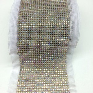 Crystal AB Rhinestone Mesh With Silver Setting Sewing Trim Wedding Cake Banding 1 Yard 24 Rows
