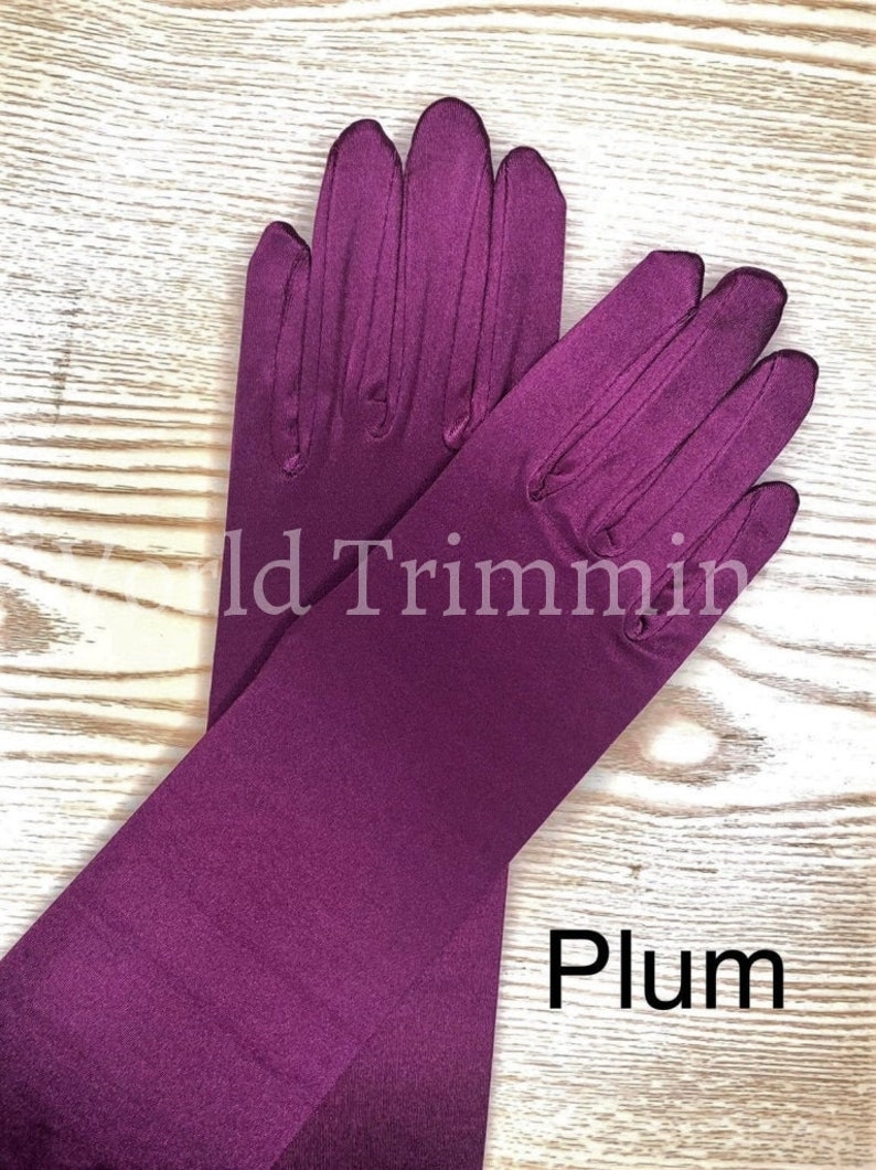 22 Classic Adult Size Opera Length Stretch Satin Gloves 16BL Plum