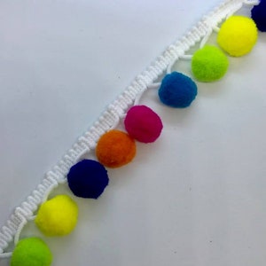 Multi Coloured pom pom Trim, 17mm pom poms . Royal Blue/Neon Yellow/Neon Green/Teal Blue/Neon Hot Pink/Orange pom poms./ 2 yards
