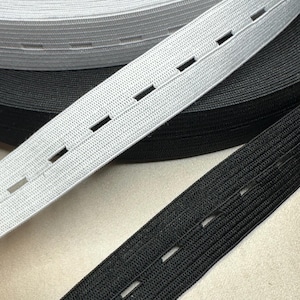May include: Close-up of several rolls of buttonhole elastic in white, gray, and black. The elastic bands have evenly spaced buttonholes for adjustable closures. The image highlights the texture and color variations of the elastic.