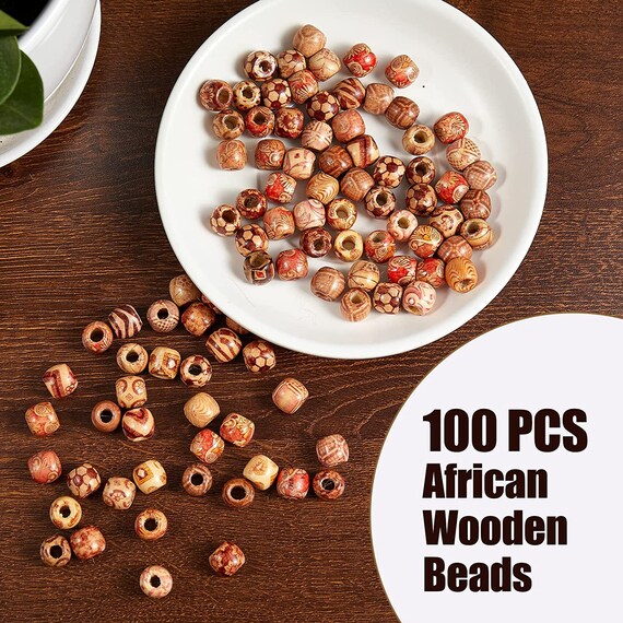 100 African Macrame Wood Beads: Natural Painted Hair Braids Craft