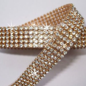 Silver Clear CrystalMesh With Gold Setting 4 Rows (3mm Crystal) Ribbon Iron-On Crystal Diamante Reel