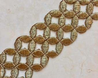 Embroidered Flower Lace Trimming: Antique Gold, 2'' Width