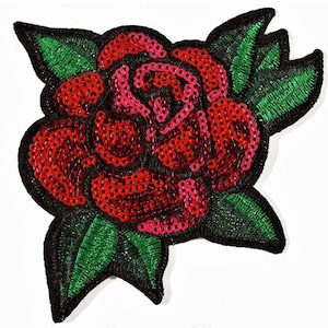 4 Pieces 4&quot; Sequins Red and green Floral Iron on Patch, Applique Embroidery Adhesive