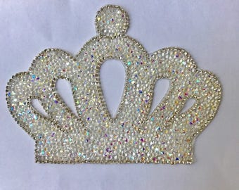 Clear Crystal AB " Crown " Shape Rhinestone Applique Iron on Transfer Applique Patch, Price For 1 Pcs