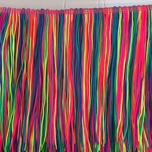 May include: Multicoloured fringe trim featuring a range of vibrant colours, including pink, green, blue, yellow, and orange. The fringe is made from thin strands of yarn and is approximately 2.5 cm wide.